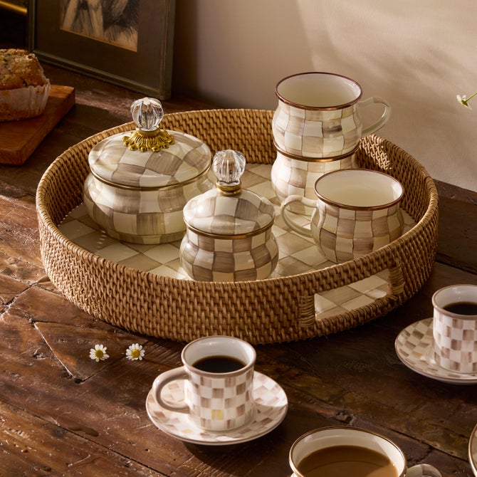 Mocha Check Enamel & Rattan Round Serving Tray