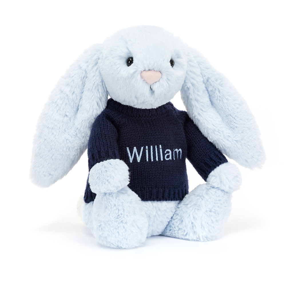 Bashful Blue Bunny With Personalised Navy Jumper