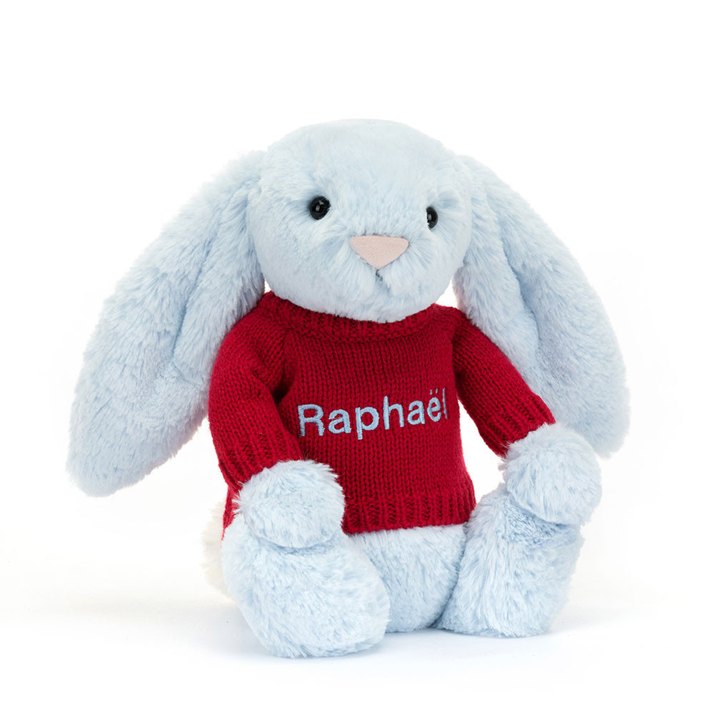 Bashful Blue Bunny With Personalised Red Jumper