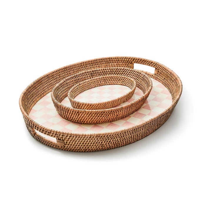 Rosy Check Enamel & Rattan Party Tray