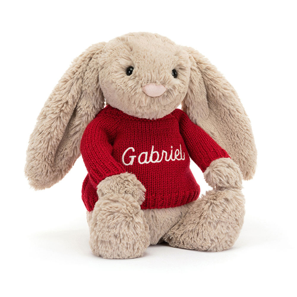 Bashful Beige Bunny With Personalised Red Jumper