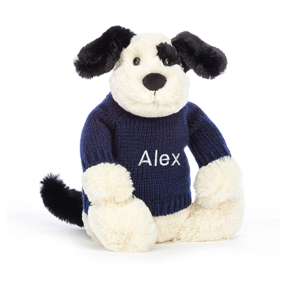 Bashful Black & Cream Puppy With Personalised Navy Jumper