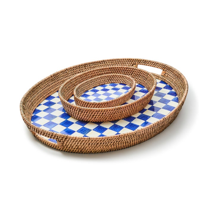 Royal Check Large Enamel & Rattan Serving Tray