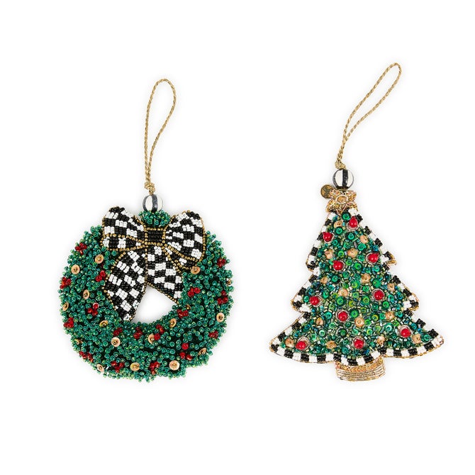 Holiday Beaded Wreath & Tree Ornaments, Set of 2