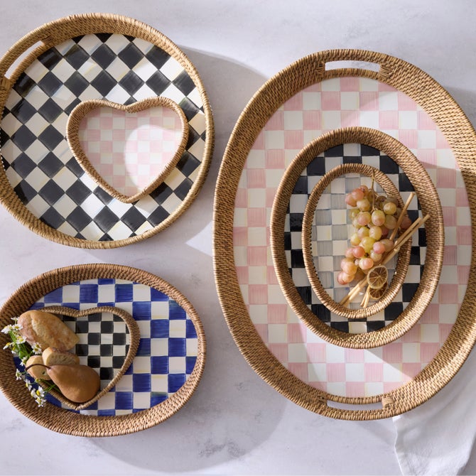 Check Enamel & Rattan Tray