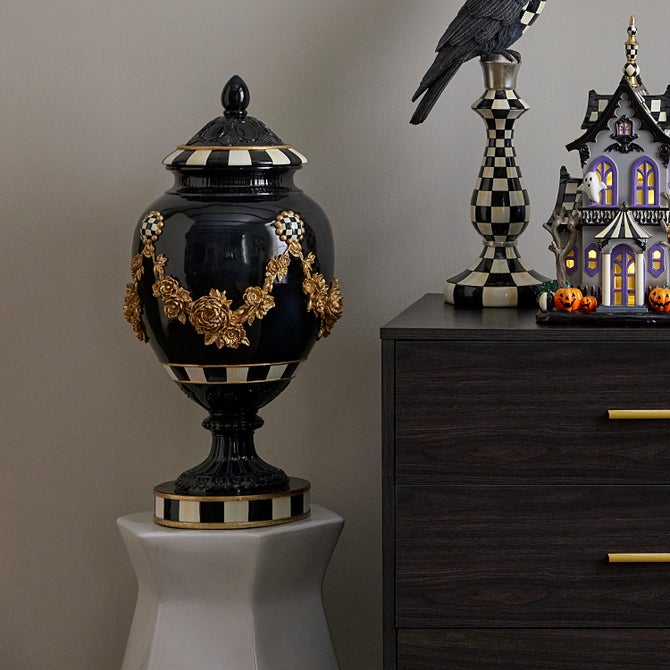 Haunted House Gold Floral Black Pedestal Urn