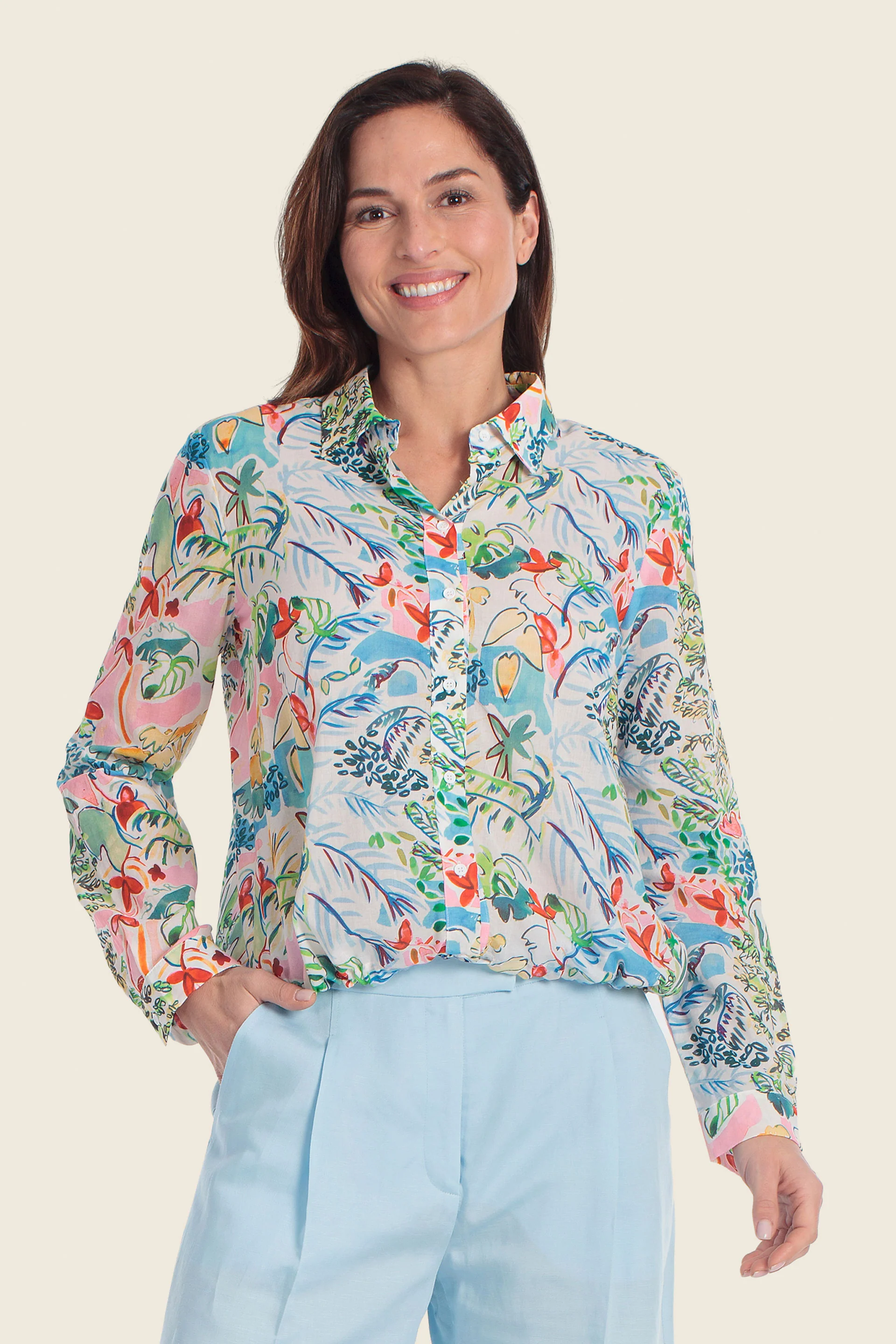 Bedruckte Baumwollbluse mit verstellbarem Saum