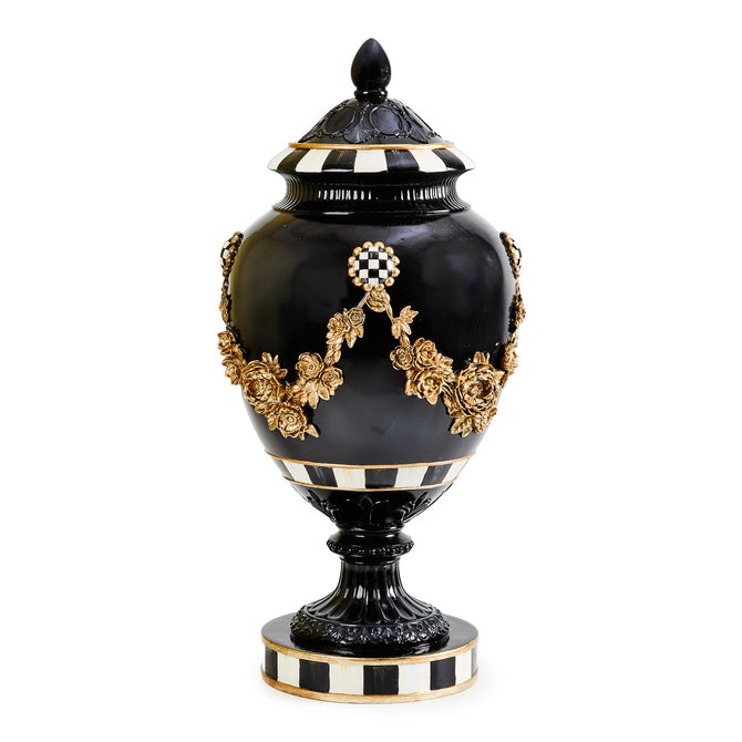 Haunted House Gold Floral Black Pedestal Urn