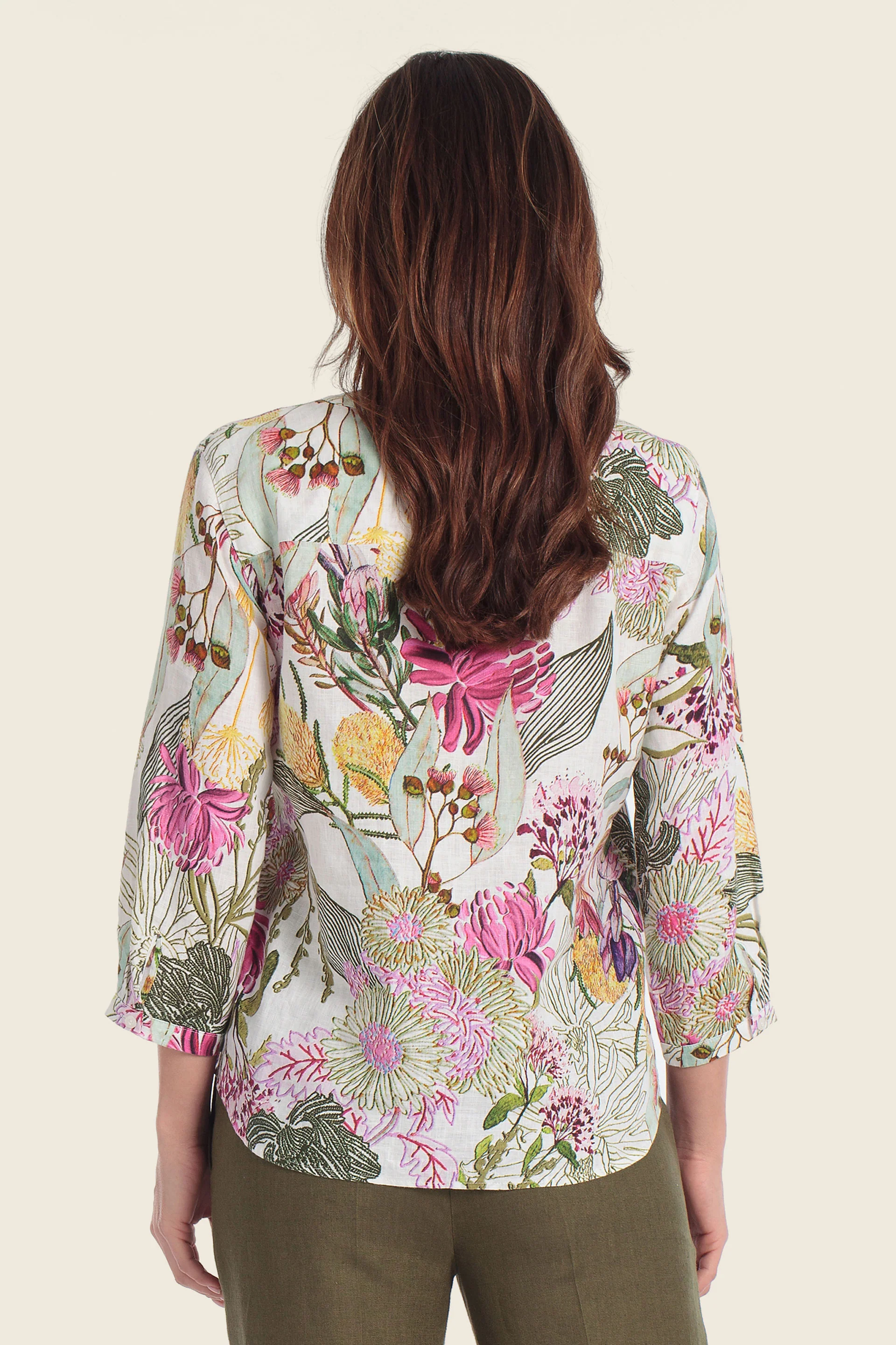 Bedruckte Leinenbluse mit tropischem Blumenmuster