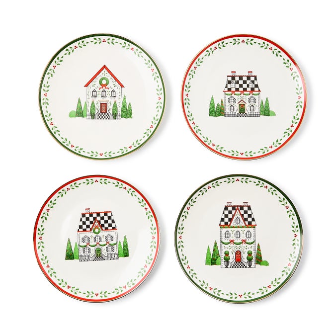Holly Village Ceramic Dessert Plates, Set of 4