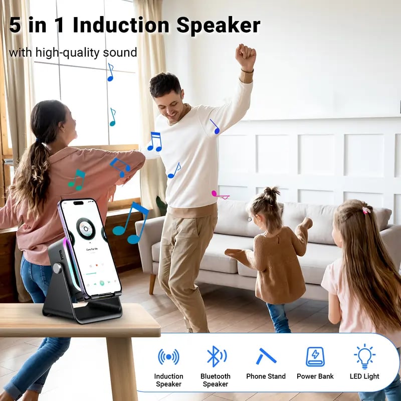 Wireless Induction Audio Speaker Stand, 5-in-1 Phone Stand, 1500mAh Rechargeable Emergency Power , 360° Adjustable Phone