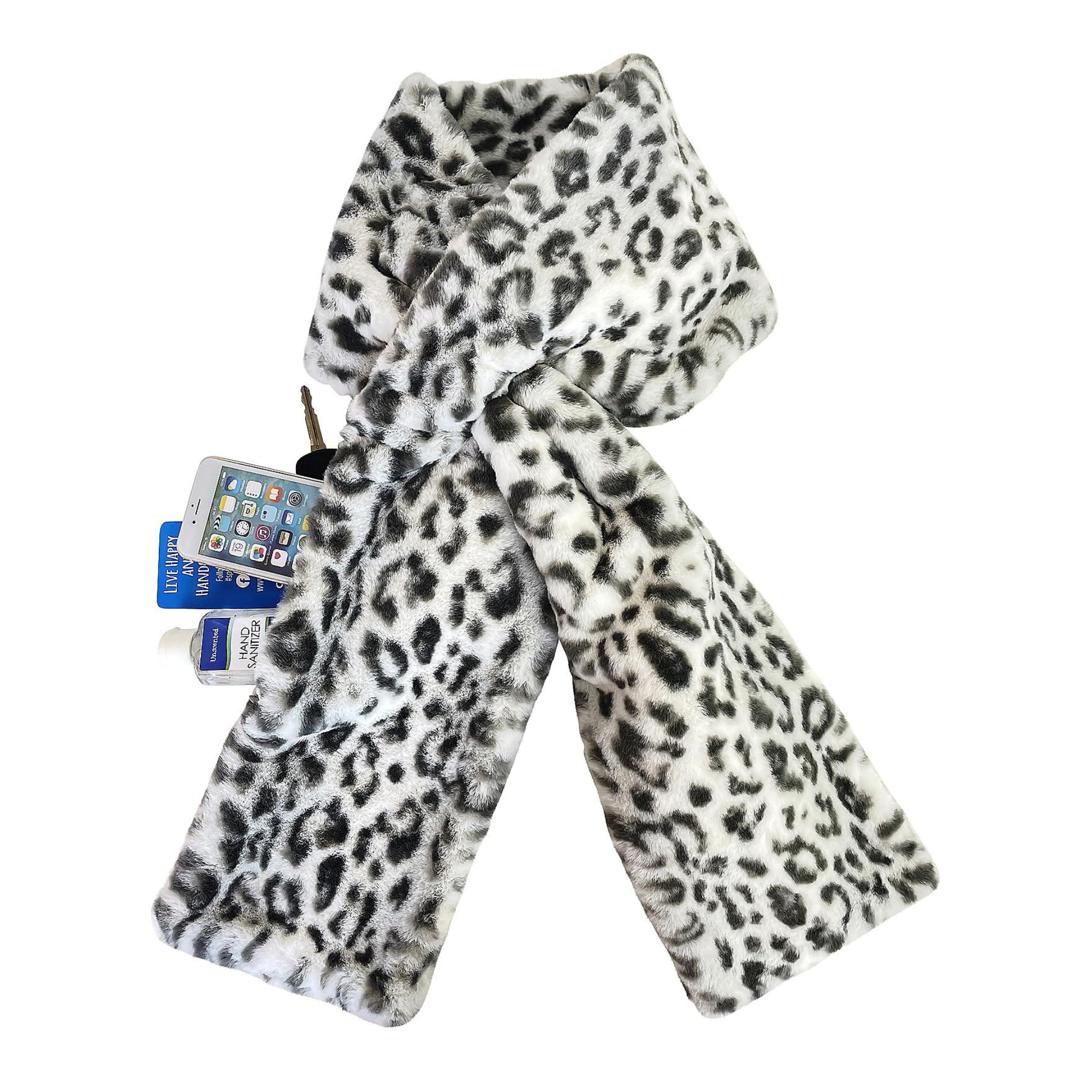 Women's Faux Fur Scarf with Hidden Zipper Pocket for Phone, Cards & Essentials