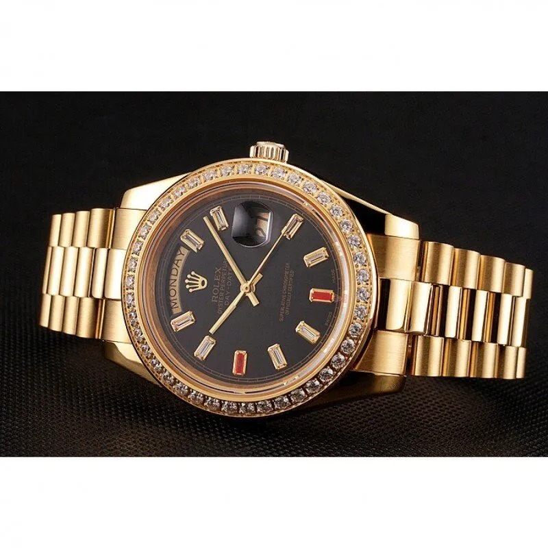 Swiss Day-Date Diamonds And Rubies Black Dial Yellow Gold Bracelet 1454101