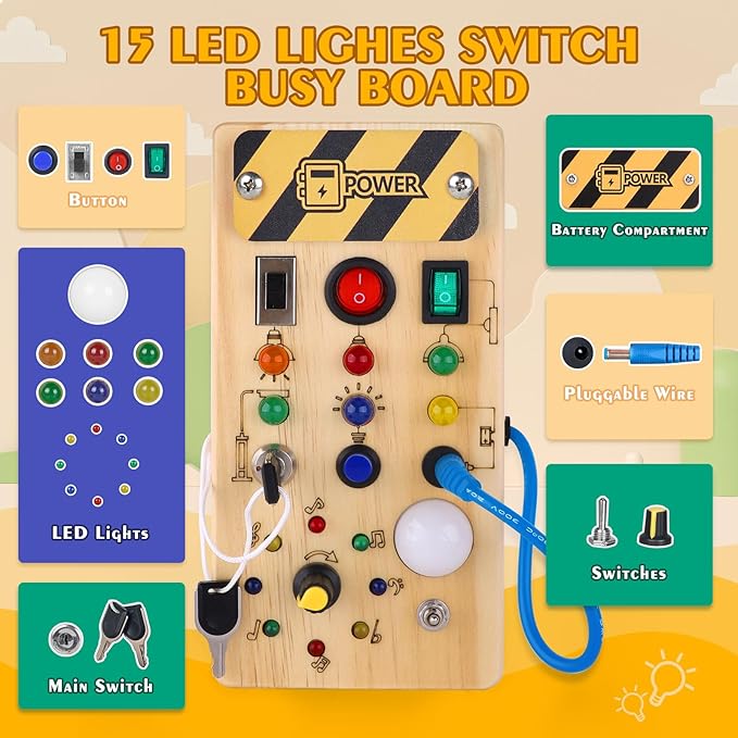 Hoarosall Montessori Wooden Busy Board with 8 LED Light switches, Sensory Toys Light Switch Travel Toys