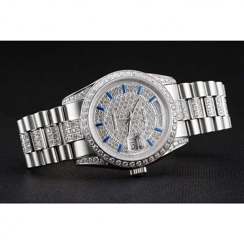 Swiss Day-Date Diamond Pave Dial And Bezel And Stainless Steel Bracelet