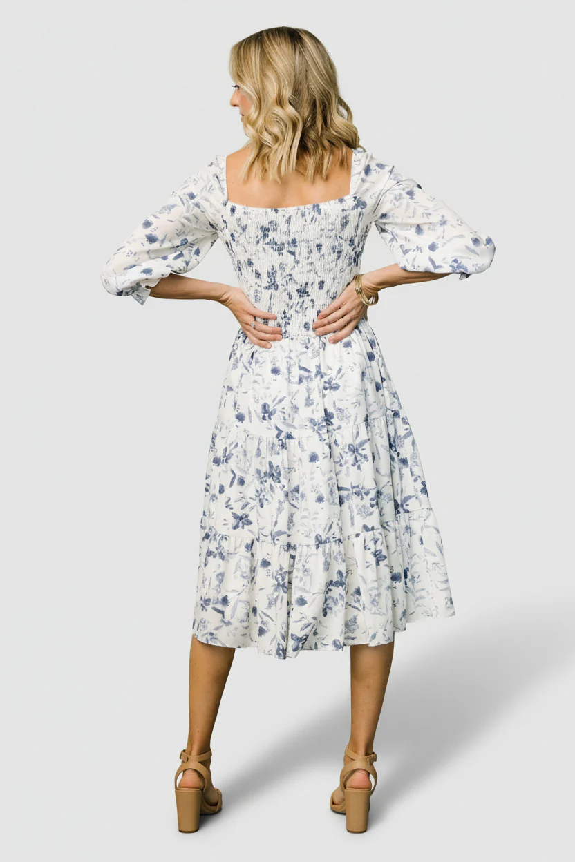 Marta Smocked Midi Dress | White + Blue