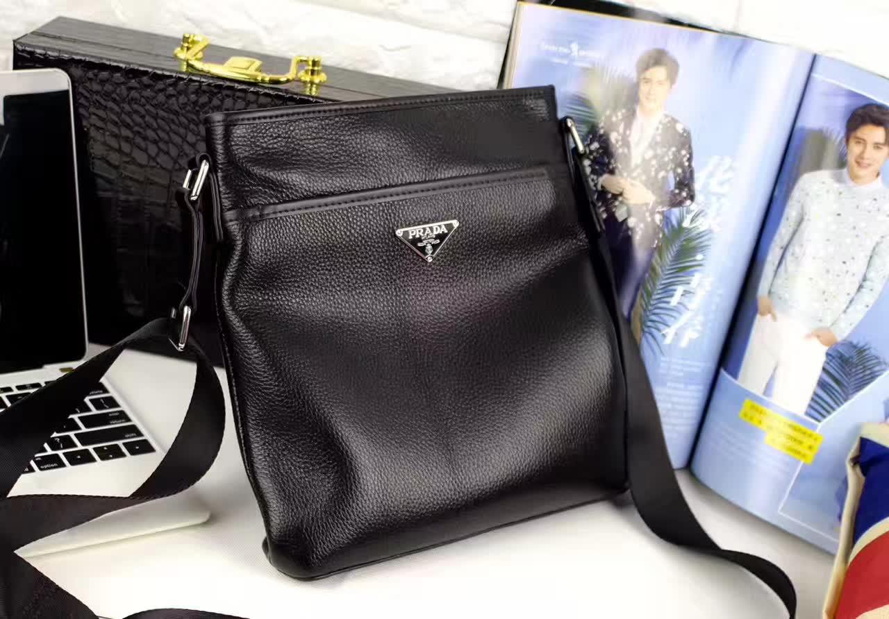 Prada 0242-3B Leather Men Messenger Bag Black