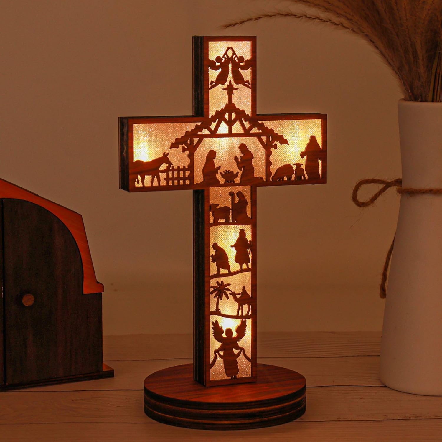 Lighted Wooden Christmas Scene Bookcase Display Stand and Cross Display Stand