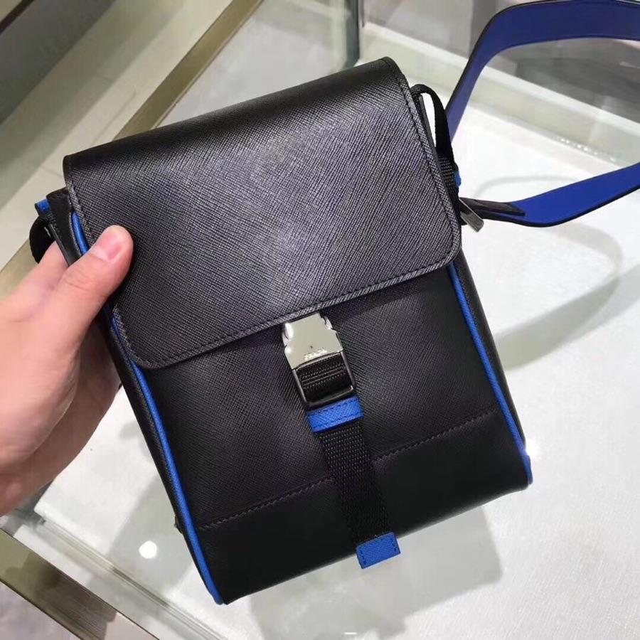 Prada Men Saffiano Leather Shoulder Bag Black and Blue 2VD019