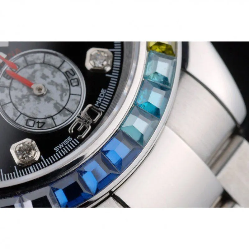 Daytona Cosmograph Rainbow Crystals Bezel Stainless Steep Strap Black Dial 80250