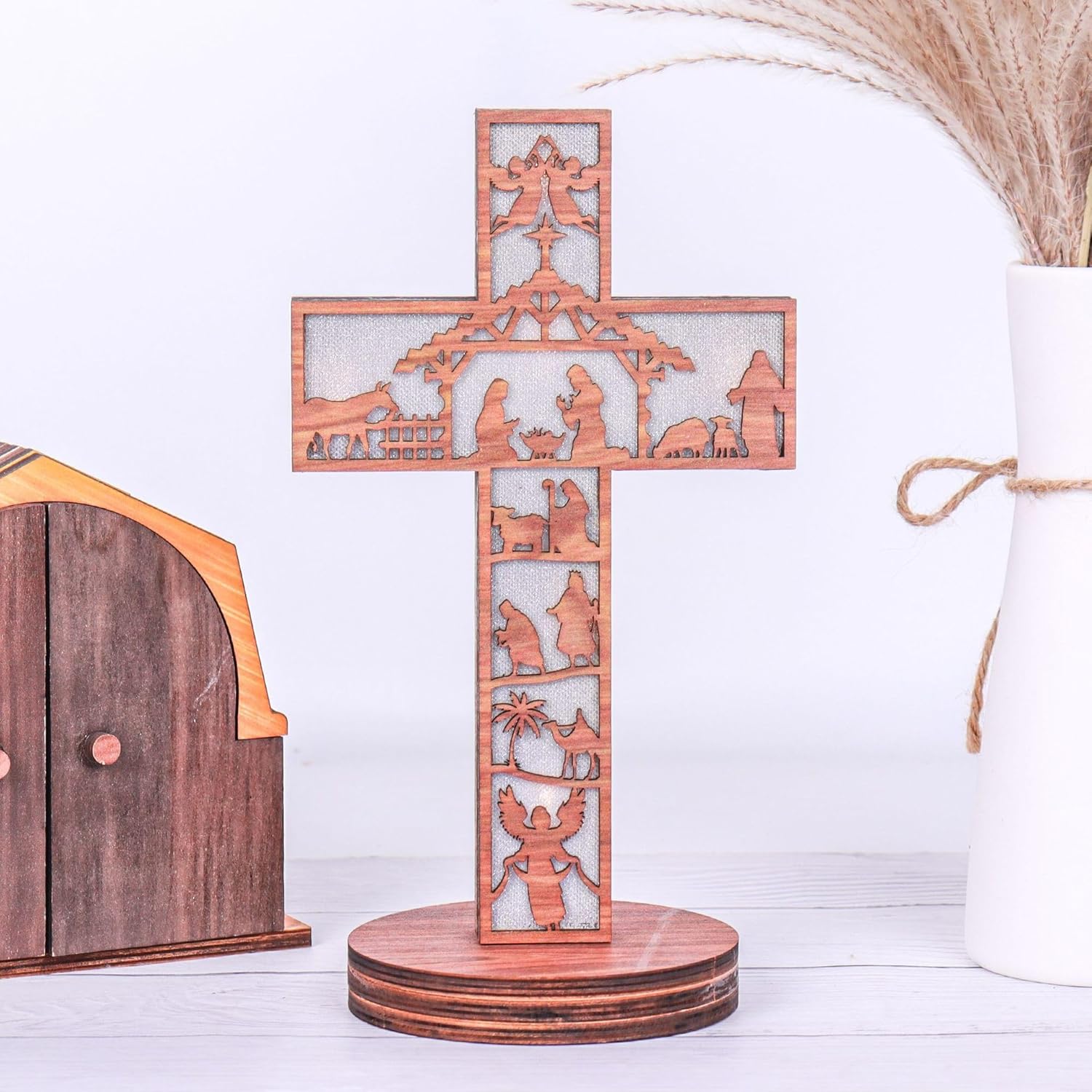 Lighted Wooden Christmas Scene Bookcase Display Stand and Cross Display Stand