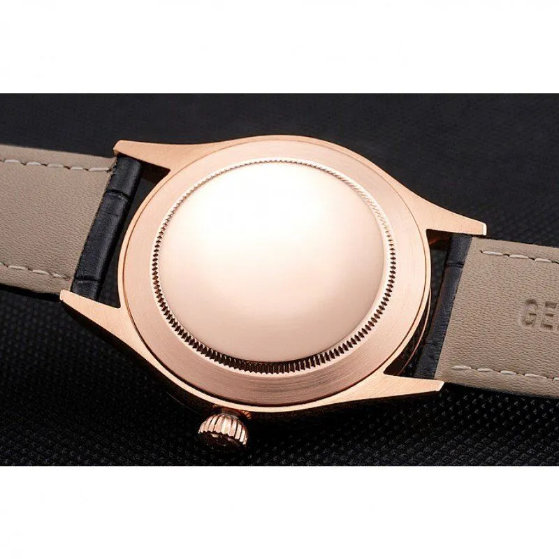 Swiss Cellini Date Black Dial Rose Gold Markings Rose Gold Case Black Leather Strap