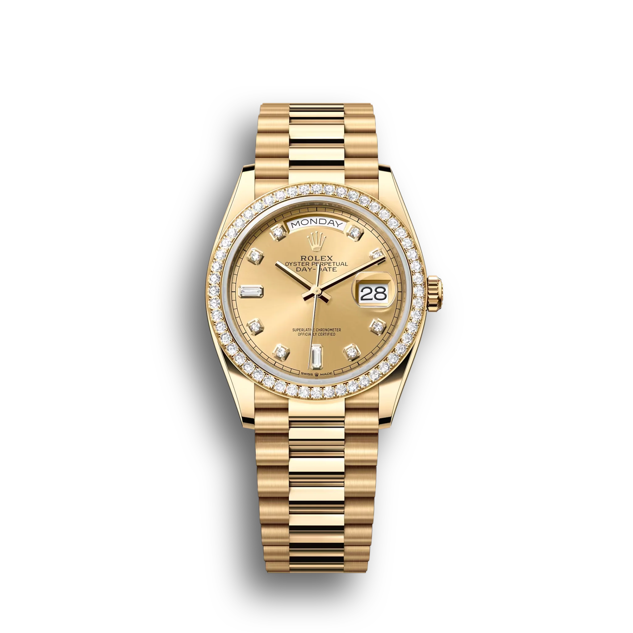 Day-Date: Yellow gold, champagne-colour, diamond-set dial, diamond-set bezel, President bracelet, m128348rbr-0008