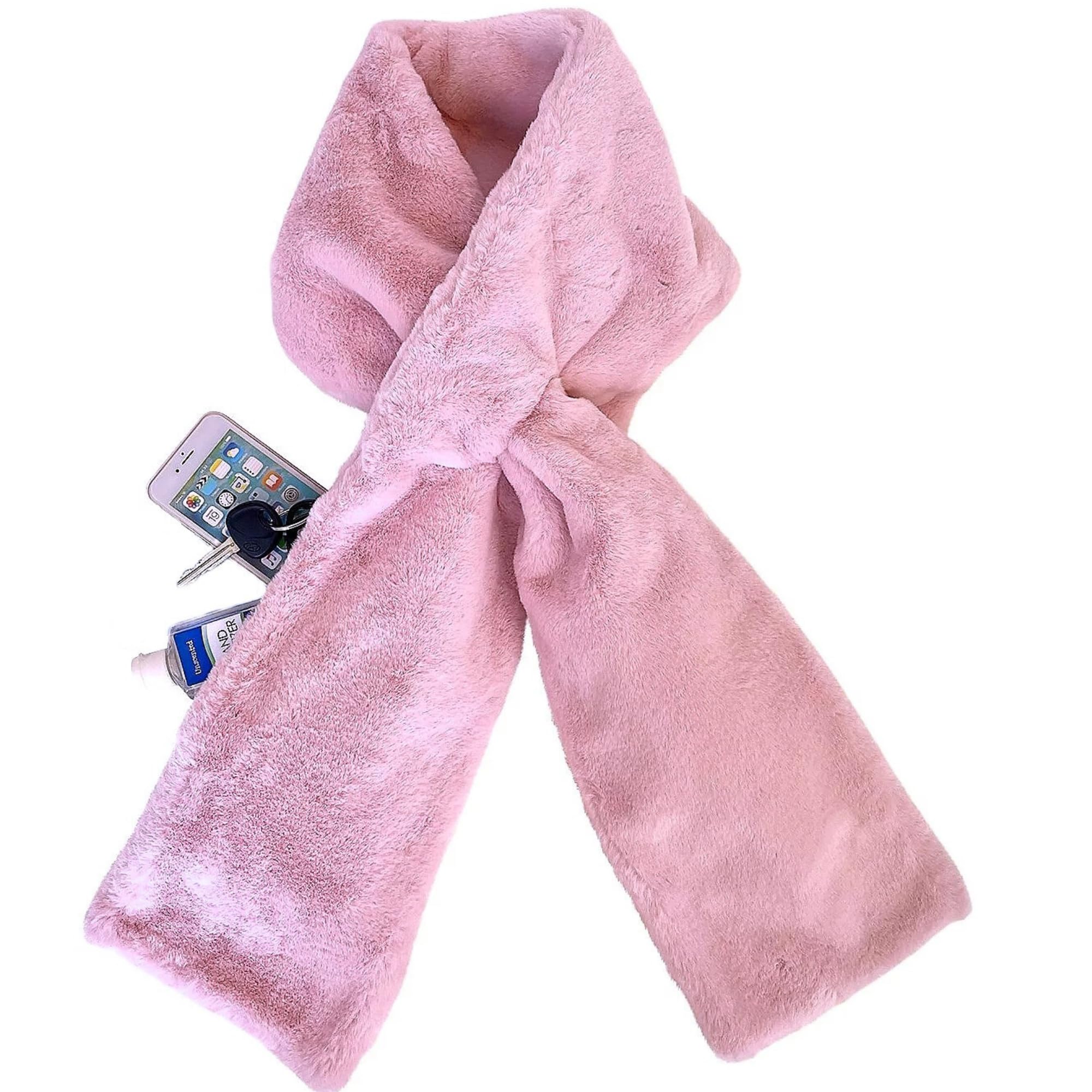 Women's Faux Fur Scarf with Hidden Zipper Pocket for Phone, Cards & Essentials