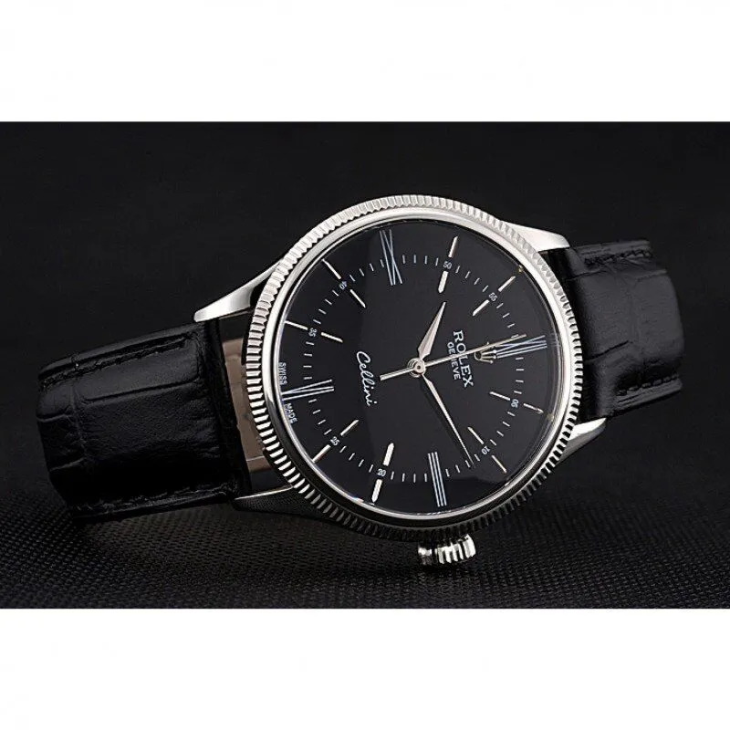 Swiss Cellini Time Silver Case Black Dial Black Leather Bracelet 622654