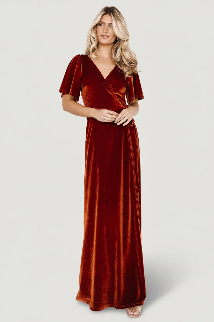 Meghan Velvet Wrap Maxi Dress | Rust