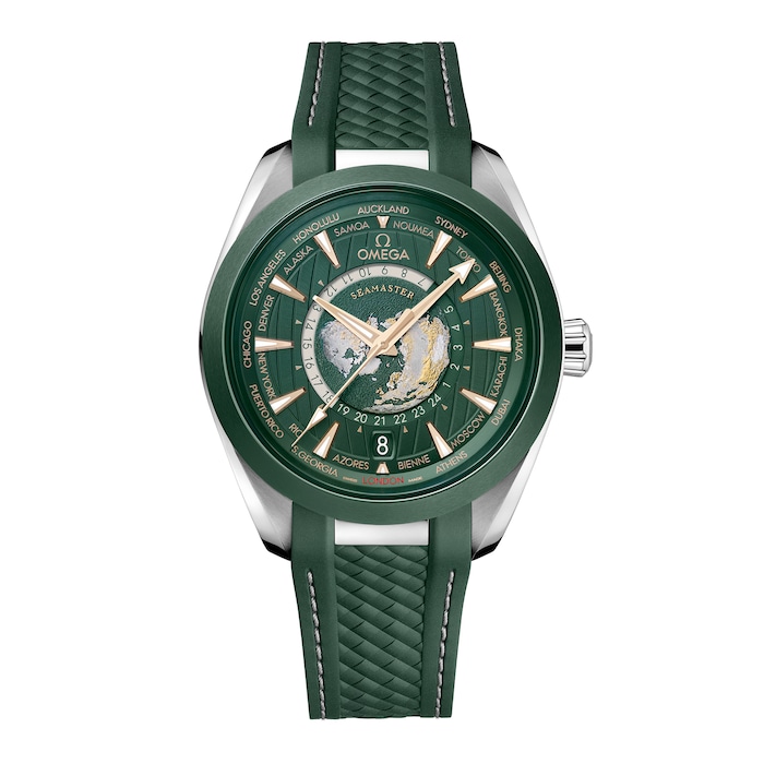 Seamaster Aqua Terra 150m Co Axial Master Chronometer GMT Worldtimer 43mm Mens Watch Green Rubber
