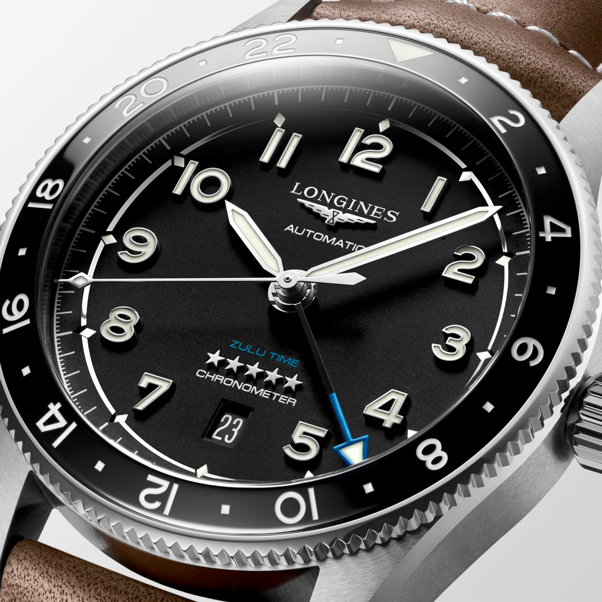 Spirit 42MM Zulu Time GMT Black Leather Steel Watch L38124532