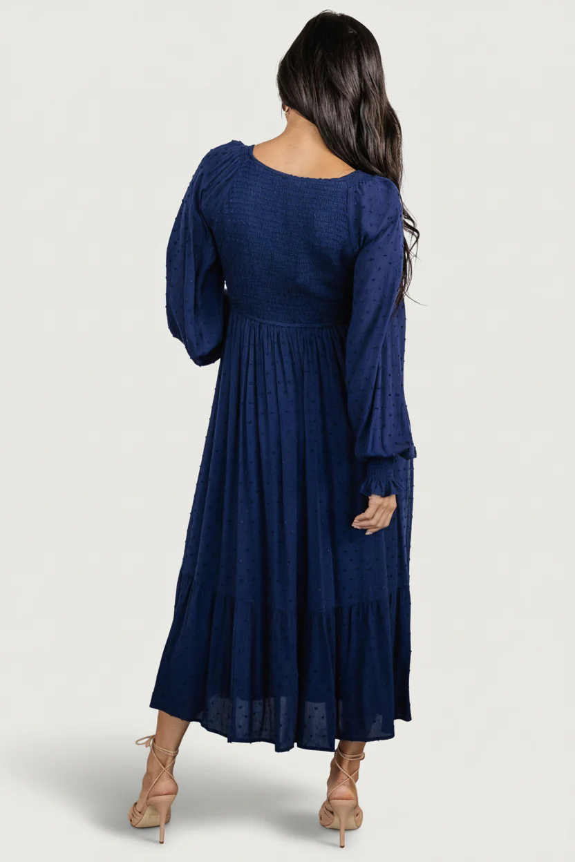 Lainey Smocked Dotted Midi Dress | Midnight Blue