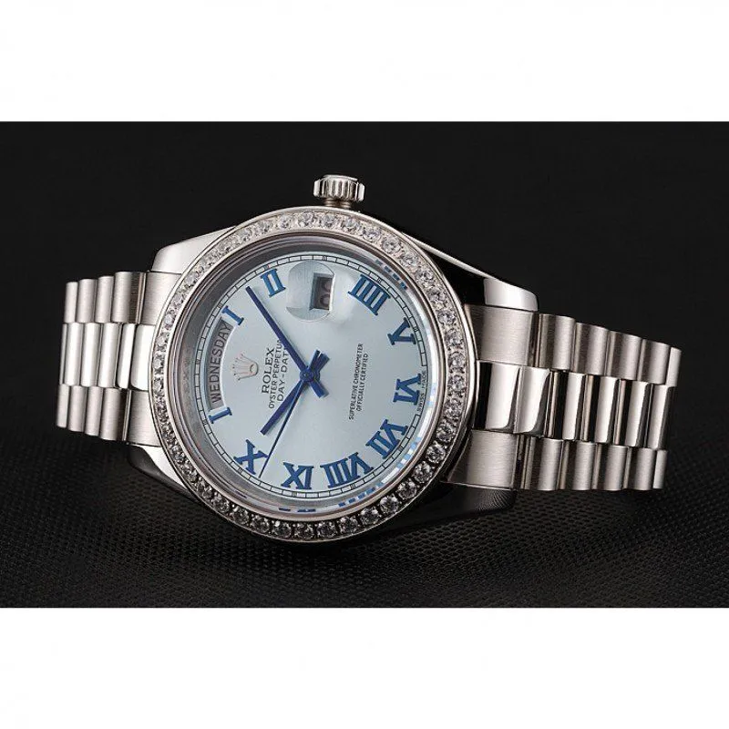 Swiss Day-Date Ice Blue Dial Diamond Case Stainless Steel Bracelet 1453962