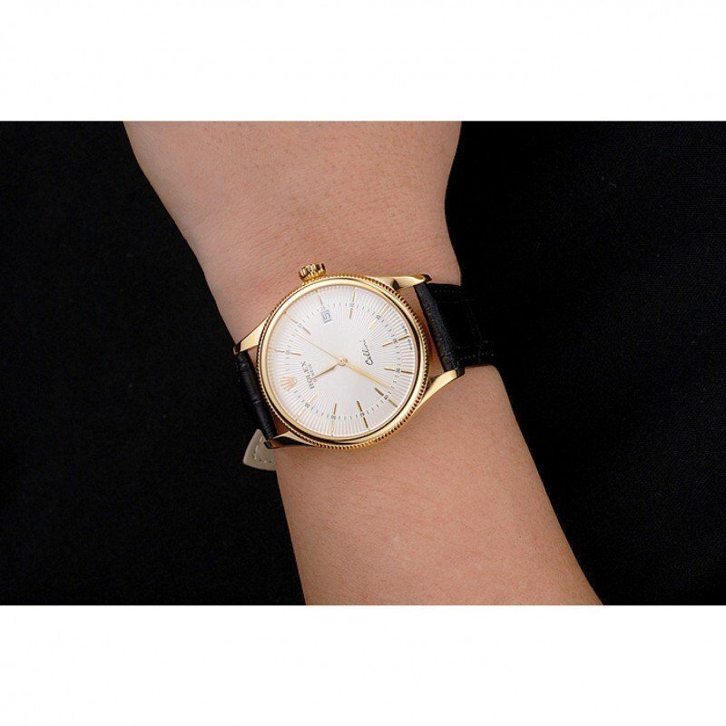 Swiss Cellini Date White Dial Gold Case Black Leather Strap