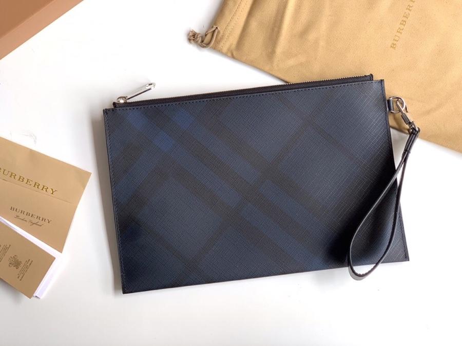 Fake Burberry Men London Check and Leather Zip Pouch Navy Black