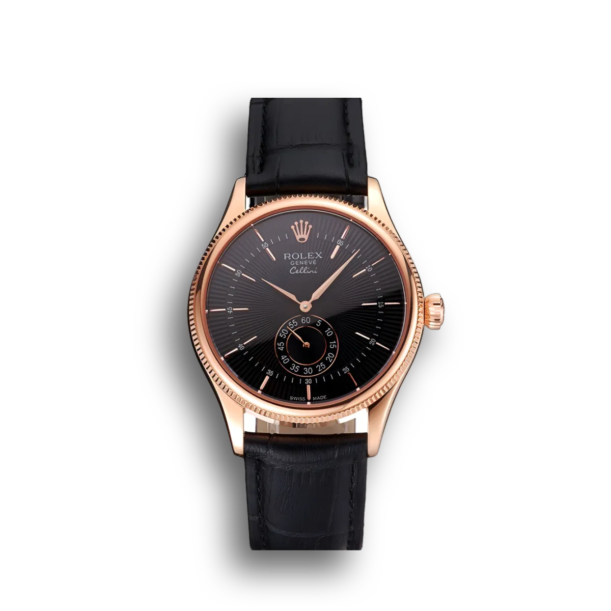 Swiss Cellini Black Dial Rose Gold Case Black Leather Strap