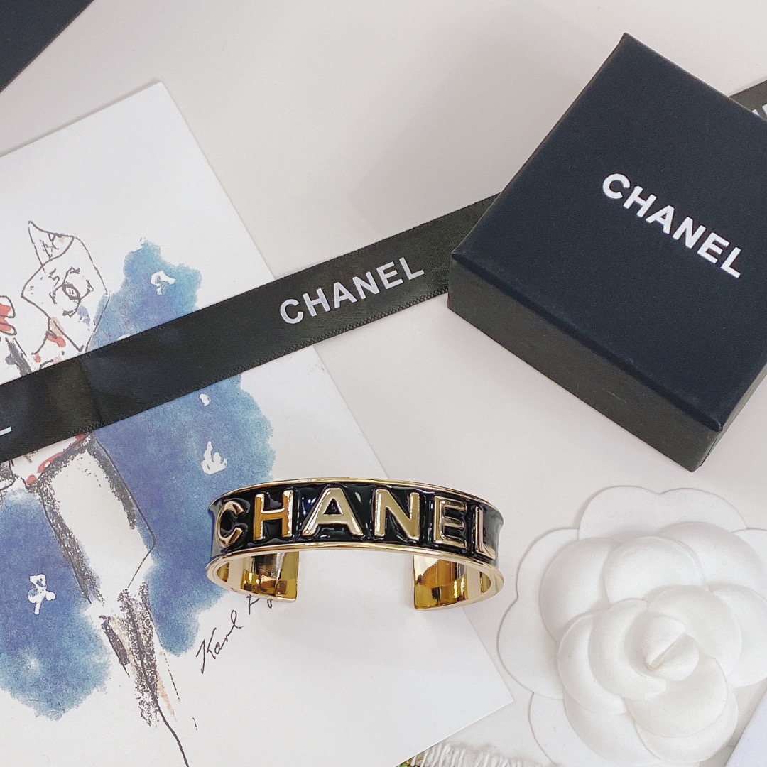 Chanel Gold-Tone Black Enamel Block Letter Bangle