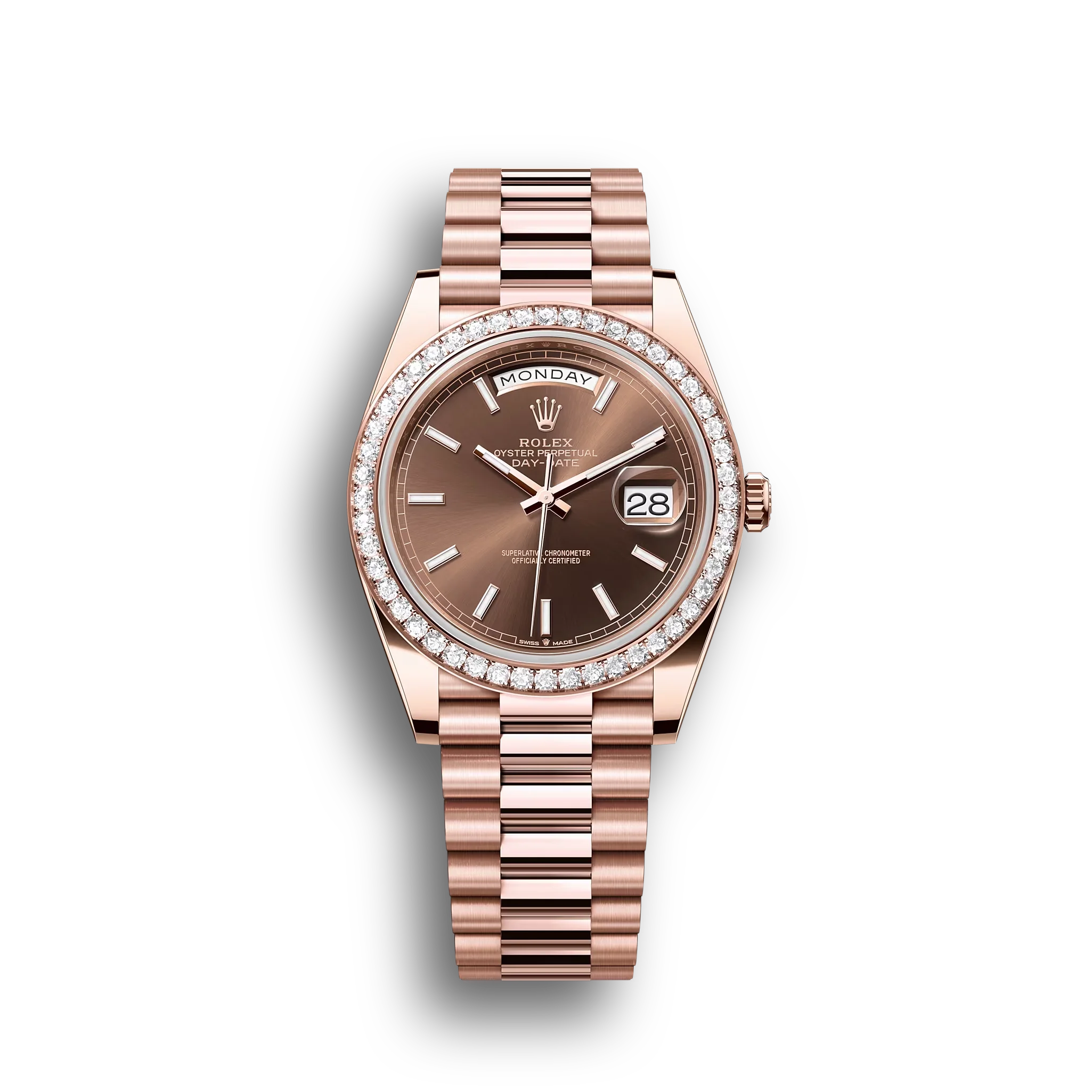 Day-Date: Everose gold, chocolate dial, diamond-set bezel, President bracelet, m228345rbr-0024