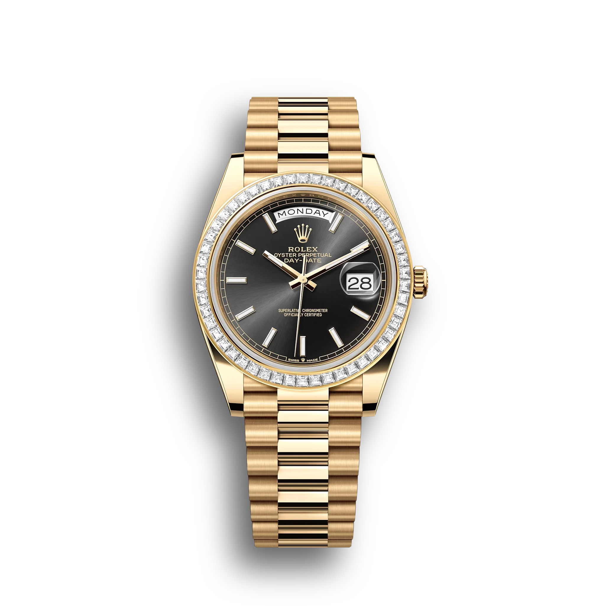 Day-Date: Yellow gold, bright black dial, diamond-set bezel, President bracelet, m228398tbr-0041