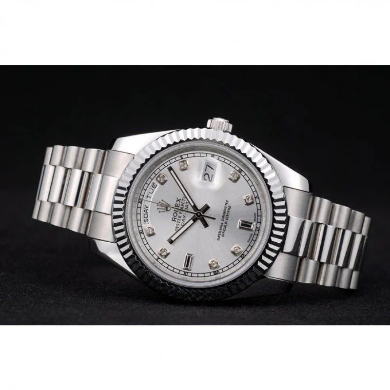Swiss DayDate Stainless Steel Ribbed Bezel Silver Dial 41995