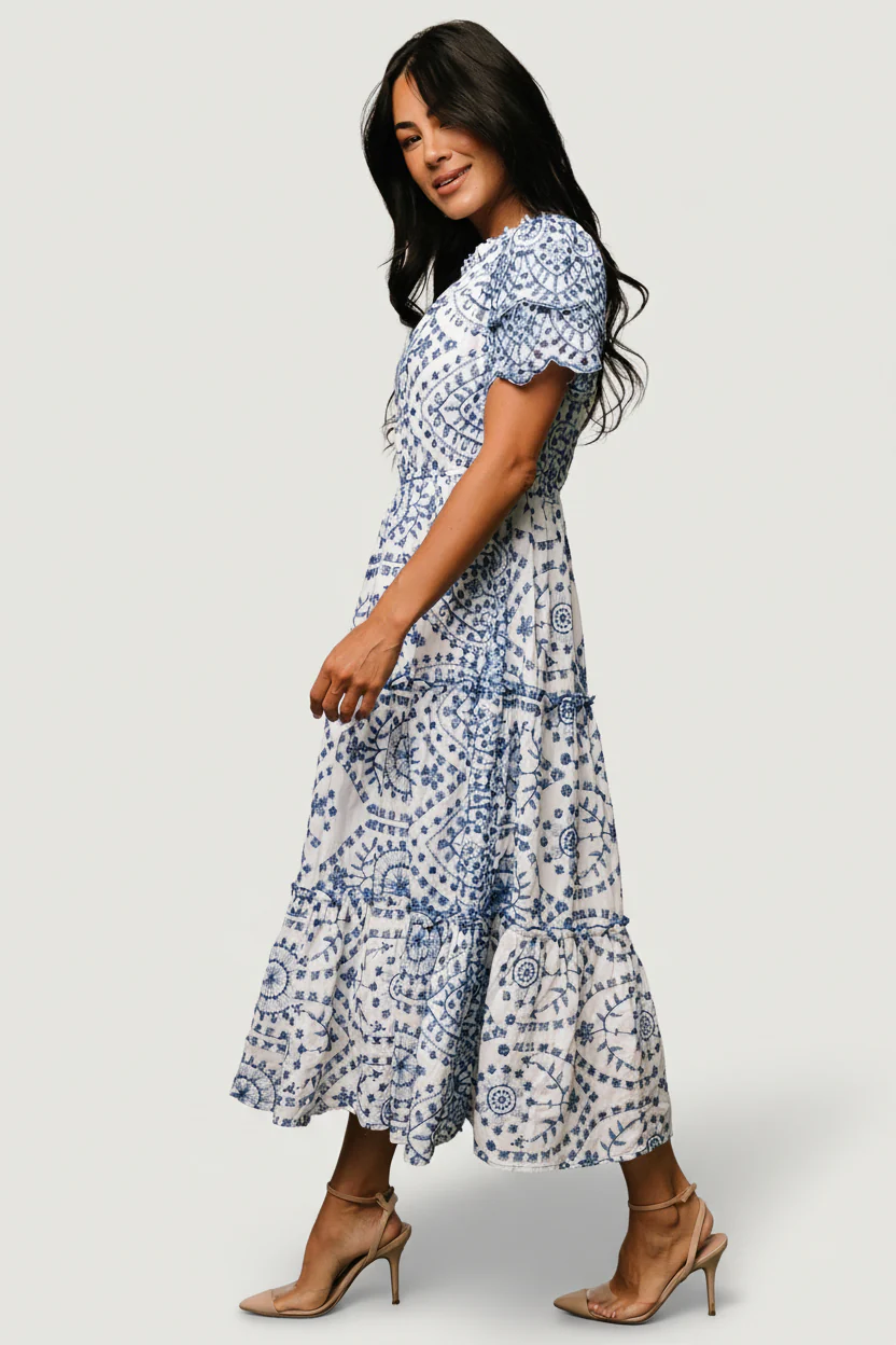 Mirabel Eyelet Midi Dress | White + Blue