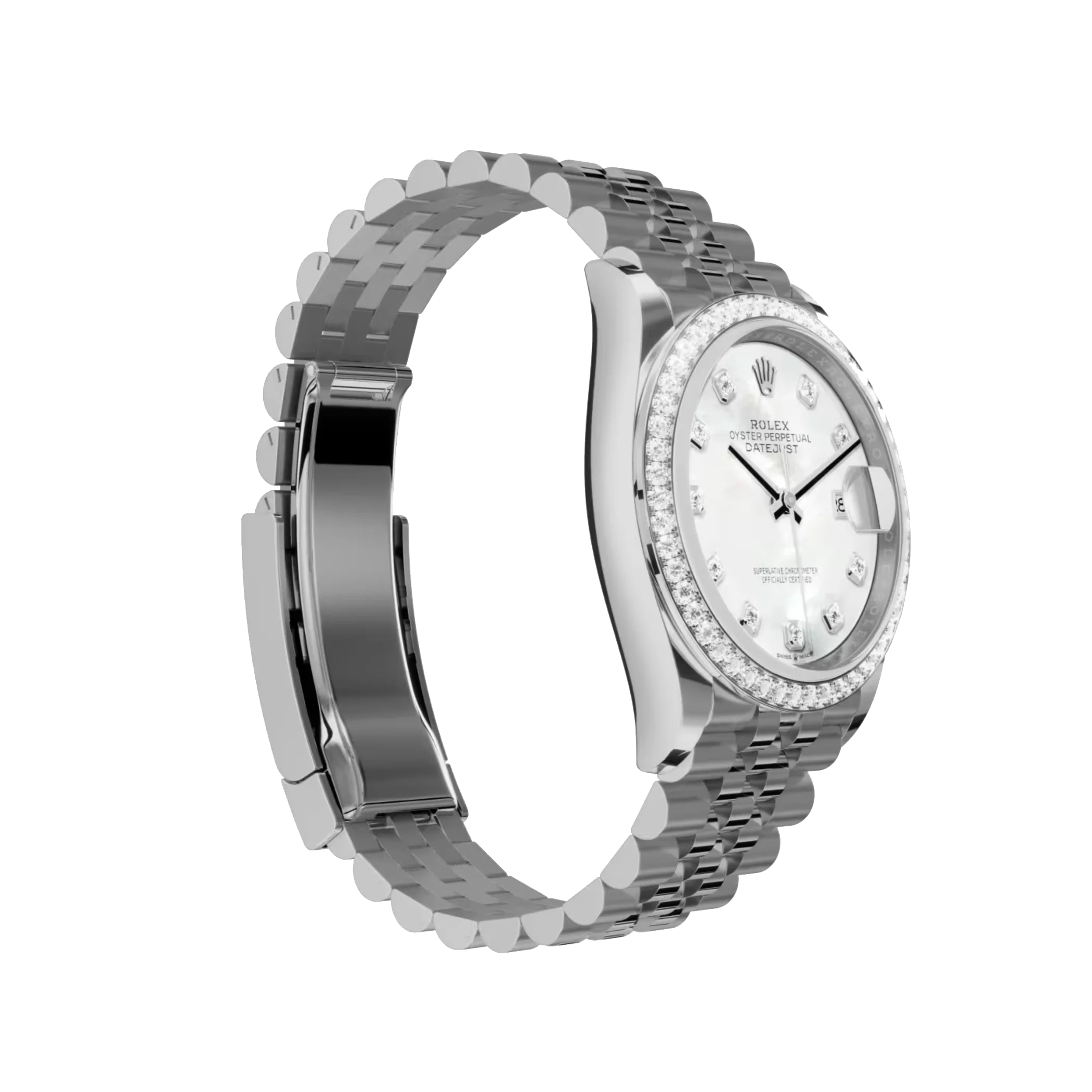 Datejust: Oystersteel and white gold, white mother-of-pearl, diamond-set dial, Jubilee bracelet, m278384rbr-0008