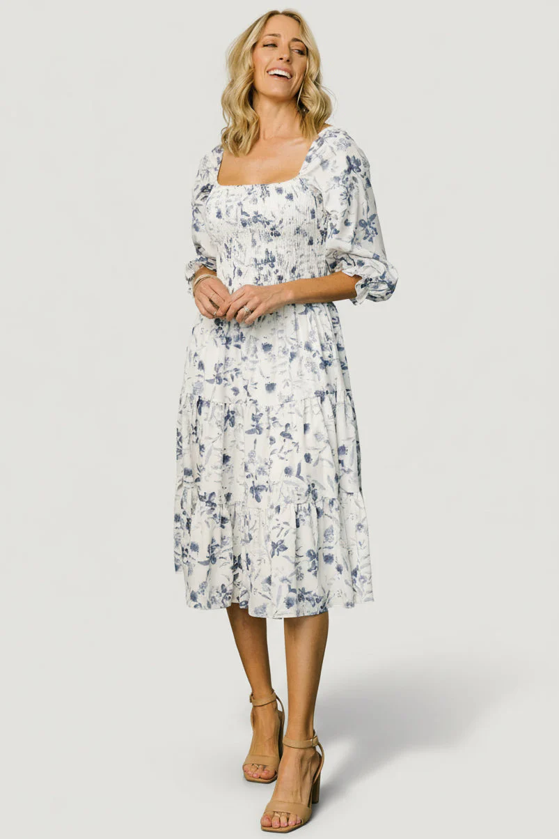 Marta Smocked Midi Dress | White + Blue