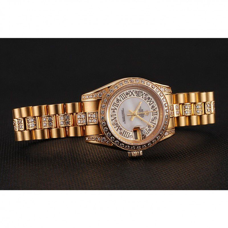 Swiss DayJust Diamond Pave White Dial Gold Diamond Bracelet 1453957
