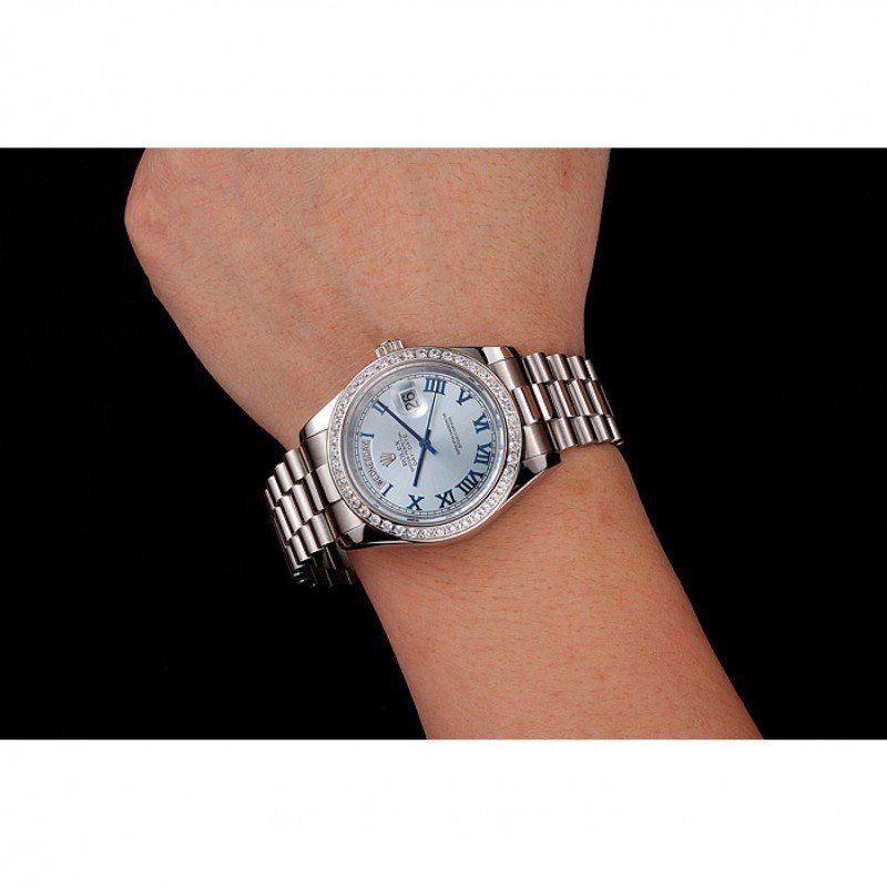 Swiss Day-Date Ice Blue Dial Diamond Case Stainless Steel Bracelet 1453962