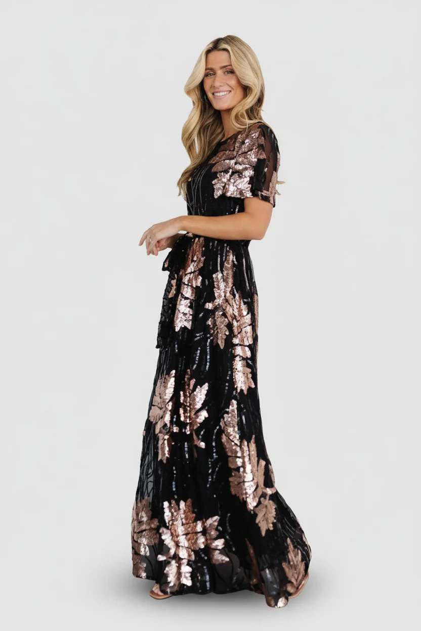 Muse Sequin Maxi Dress | Black + Rose