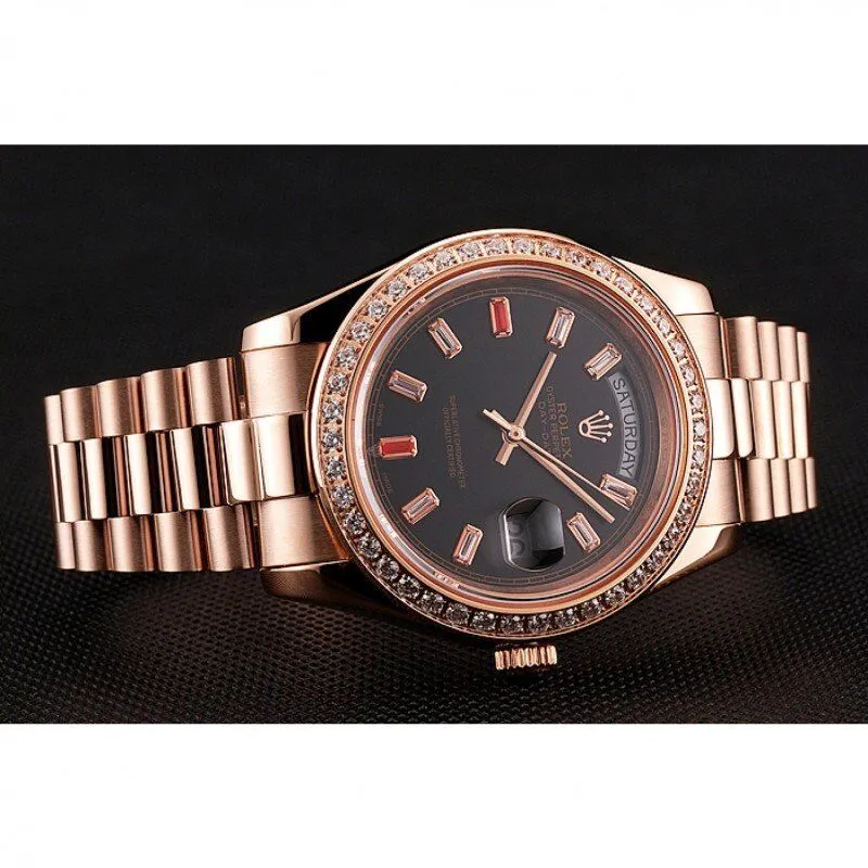 Swiss Day-Date Diamonds And Rubies Black Dial Rose Gold Bracelet 1454102
