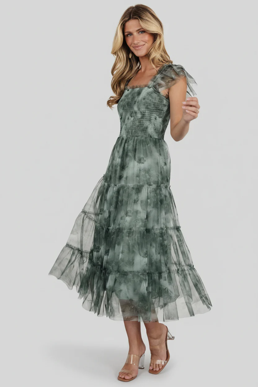 Clementine Tulle Midi Dress | Dusty Green Print