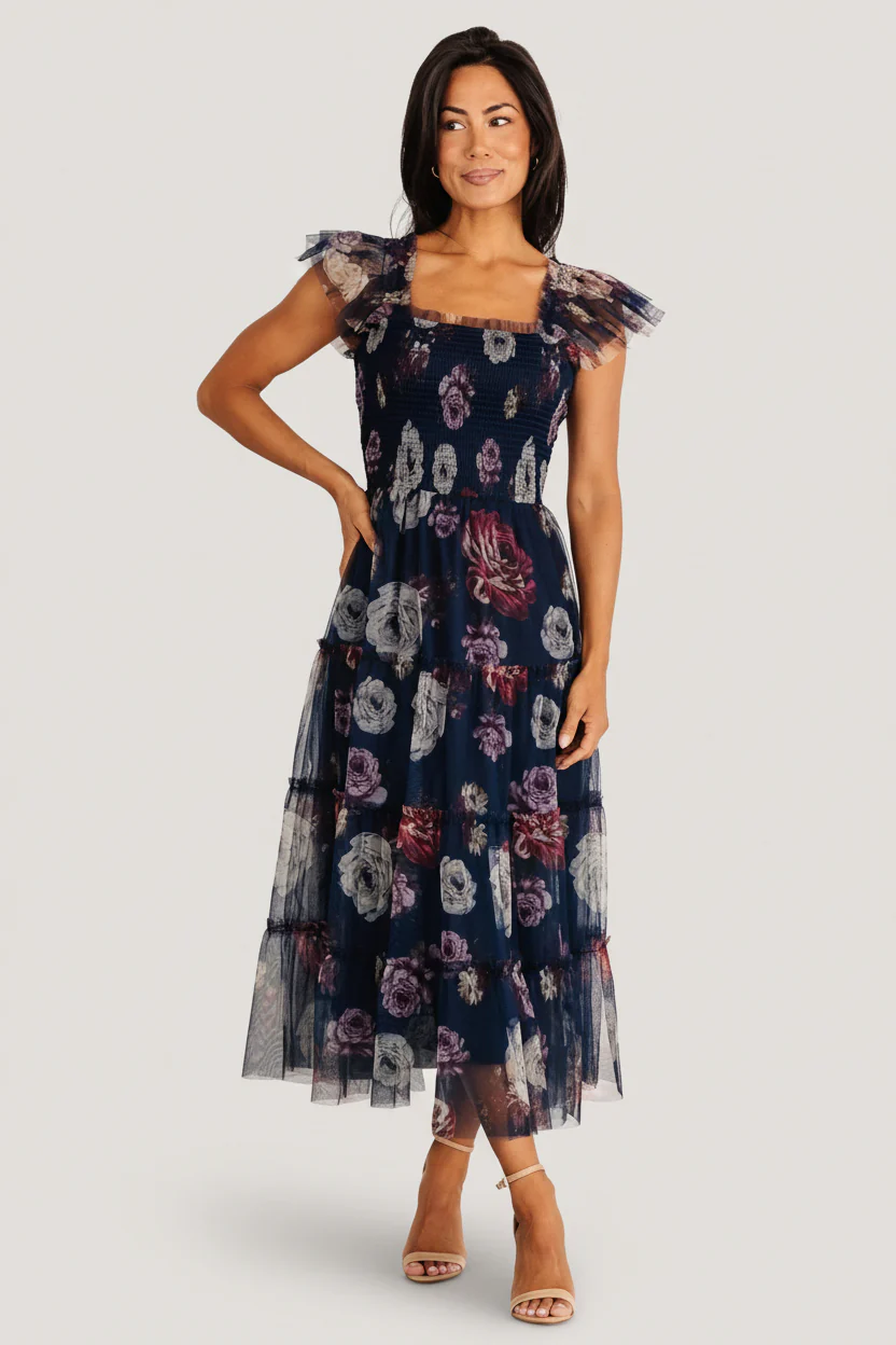 Clementine Tulle Midi Dress | Navy Floral